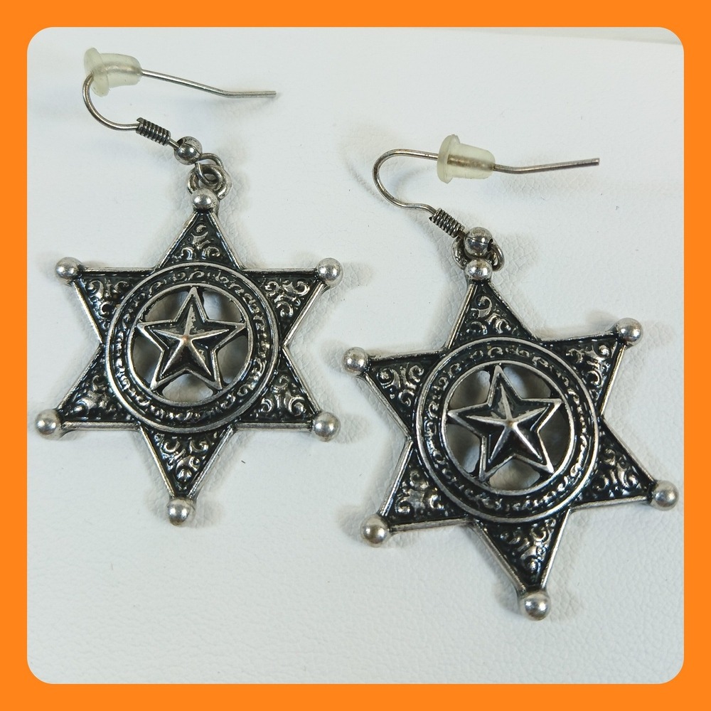 Western Silver Tone Ornate Star Drop Earrings Antiqued Filigree Celestial Boho